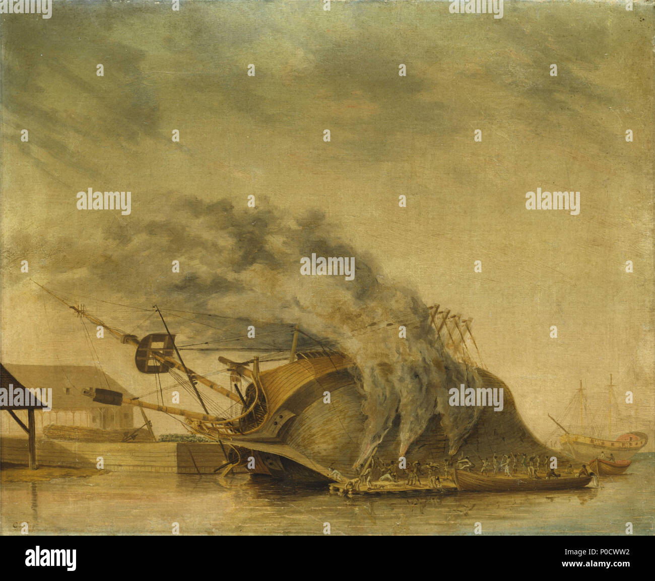 . Inglese: una nave Hove giù e bruciando questo è il solo superstite noto dipinto ad olio di Gabriel Bray (1750-1823). La nave è probabilmente naval, dato che un certo numero di pistole sono stati sbarcati sulla banchina prima del suo essere hove giù per breaming, che è ciò che viene mostrato. Un piccolo sloop navale appare a destra, con una ulteriore nave al di là solo con montanti inferiori in piedi. Questo sembra dunque essere piuttosto una sostanziale facilità di riparazione e può essere una scena in Indie ad ovest, a cui Bray ha effettuato due viaggi attraverso la costa dell'Africa occidentale quando secondo tenente di HMS 'Pallas' nel 1774-76. Betwe Foto Stock