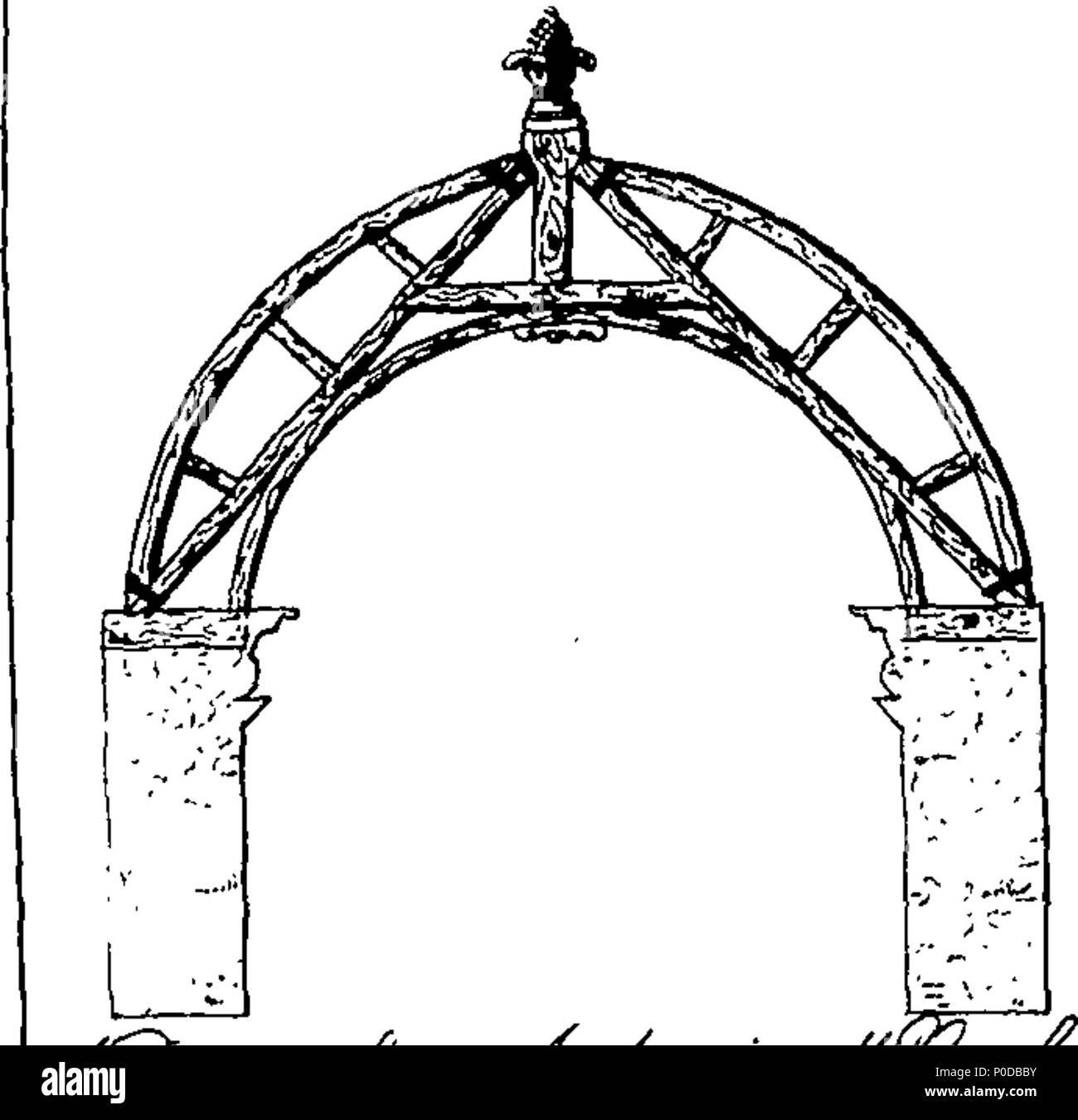 . Inglese: Fleuron dal libro: un campione di Antica Falegnameria, consistente di disegni per tetti, esemplificano'd in comune, circolare, mixt, a spirale, e in modo tale che sono state la fram'd in pubblico e privato di edifici antichi. Dal compianto onorevole, [sic] James Smith. A cui viene aggiunto liste e modanature di legno, per cornici e montanti di porte e finestre. 207 un campione di Antica Falegnameria Fleuron N023945-3 Foto Stock