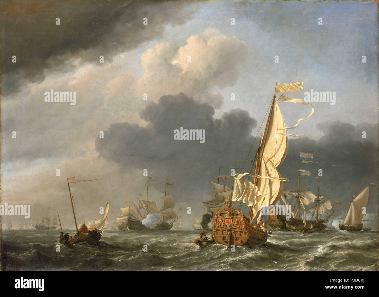. Inglese: A MEMBRI Yacht in una fresca brezza che corre verso un gruppo di navi olandesi di un grande gruppo di navi olandesi sono mostrati riuniti sotto un cielo tempestoso. Questo può registrare l'assemblaggio di alcuni della flotta olandese off il texel in 1672, l'anno che l'artista ed il suo padre è venuto in Inghilterra per lavoro. Lieutenant-Admiral Michiel de Ruyter messo a mare alla fine di aprile o primi di maggio e Cornelis de Witt, il Ruwaard di Putten, uniti de Ruyter della nave come States-General il rappresentante con la flotta. A sinistra, a port-quarto vista, è una rosa di pesca con 6 persone a bordo e il suo quadrato randa Foto Stock