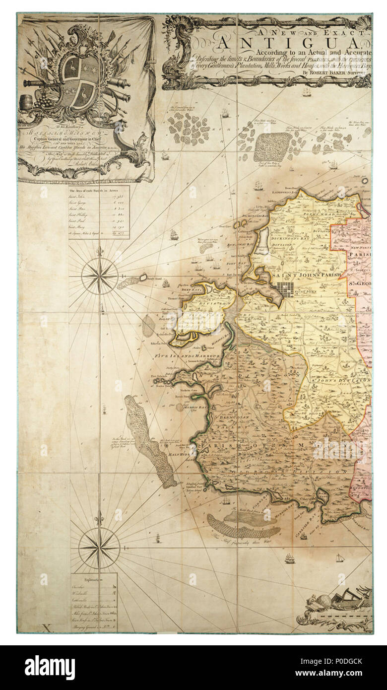 . Inglese: un nuovo e mappa esatta dell'isola di Antigua in America, in base ad un effettivo e accurata indagine effettuata trovanella anni 1746, 1747 & 1748. Due fogli. Mano col. engr. Medium: segmentata e sostenuta. Scala: 1:34 000 (bar). Nota cartografica: la latitudine e la longitudine ha dichiarato, meridiano di Londra. Ulteriori luoghi: Caraibi, Isole Sottovento. Contenuto Nota: Inset piano di English Harbour. Contiene una tavola di aree di ogni parrocchia. Dedicato a William Mathew, governatore delle Isole Sottovento. Zona di Mare decorate con navi. Gren79/6 un nuovo e mappa esatta dell'isola di Antigua in America, accordi Foto Stock