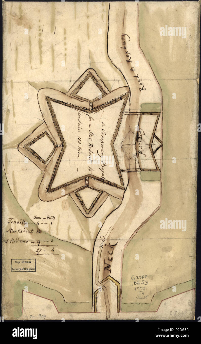 . Inglese: scala non dato. Manoscritto, penna e inchiostro e acquerello. "No. 53.' sul verso, parzialmente illeggibili e in una diversa mano: Boston ... parte del ... progetto per la guerra ... Disegno di una fortificazione sulla strada a Roxbury vicino a Boston al collo con un elenco di proposte di pistole. Disponibile anche tramite la Biblioteca del Congresso sito Web come immagine raster. LC mappe di Nord America, 1750-1789, 939 Vault AACR2 . Un progetto temporaneo per una stella redout [sic] per contenere 150 uomini. 1778. Sconosciuto 220 un progetto temporaneo per una stella redout (sic) per contenere 150 uomini. LOC gm71000919 Foto Stock