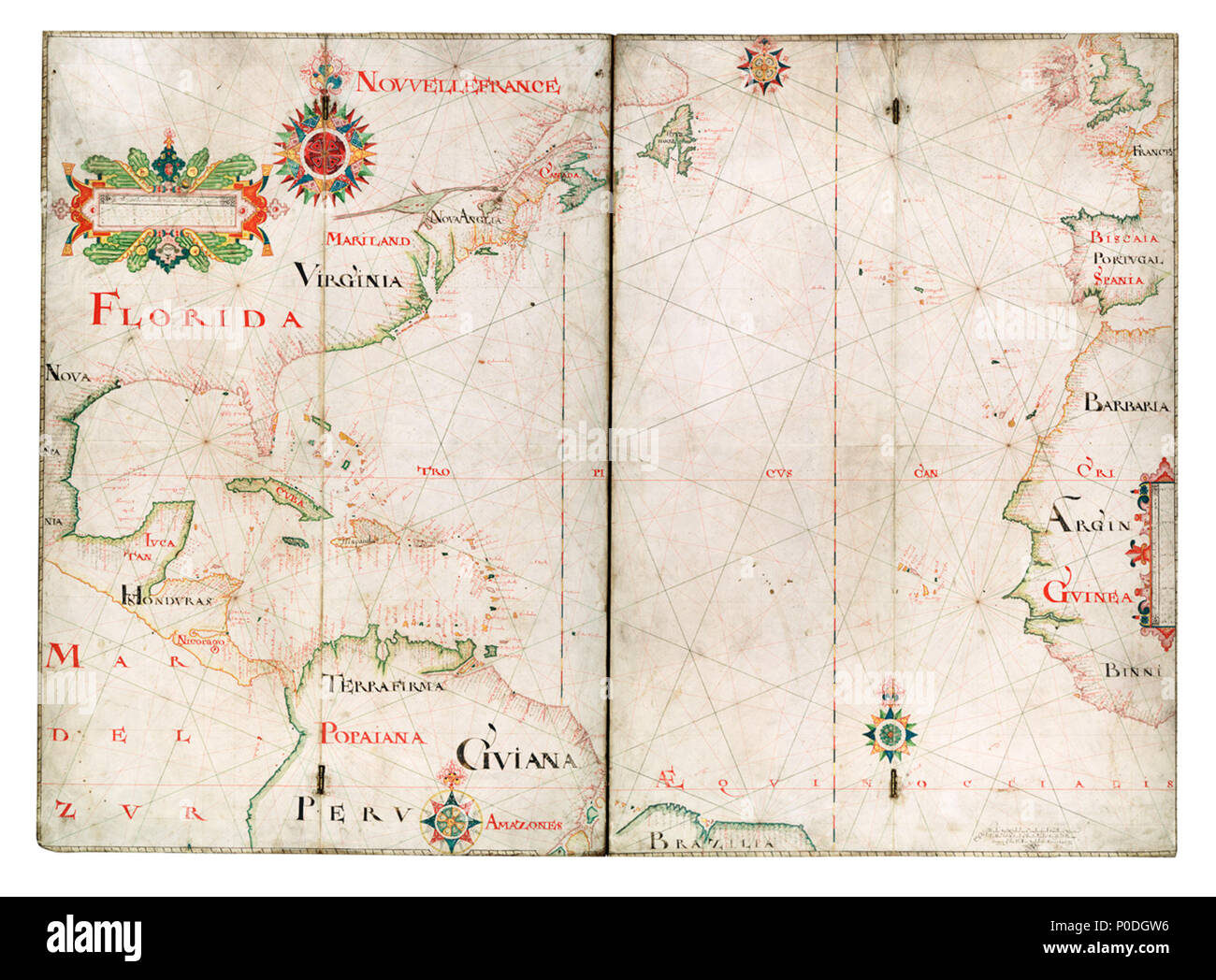 . Inglese: [Oceano Atlantico 5 gradi a sud di 57 gradi nord]2 fogli uniti. Manoscritto colorati disegnati su due fogli di pergamena, montato su quattro incernierato pannelli di quercia ogni 71 x 24,5 cm. La scala è in inglese campionati. Il grafico contiene due barre di Latitude. Contorni e punti di scandaglio del Grand Banks sono contrassegnati. Aree mostrate sono in Europa, in Africa e nelle Americhe. G213:2/2 [Oceano Atlantico, 5 gradi a sud di 57 gradi nord] . 1650. Nicholas Comberford 385 Oceano Atlantico 5 gradi a sud di 57 gradi nord RMG K0955 Foto Stock