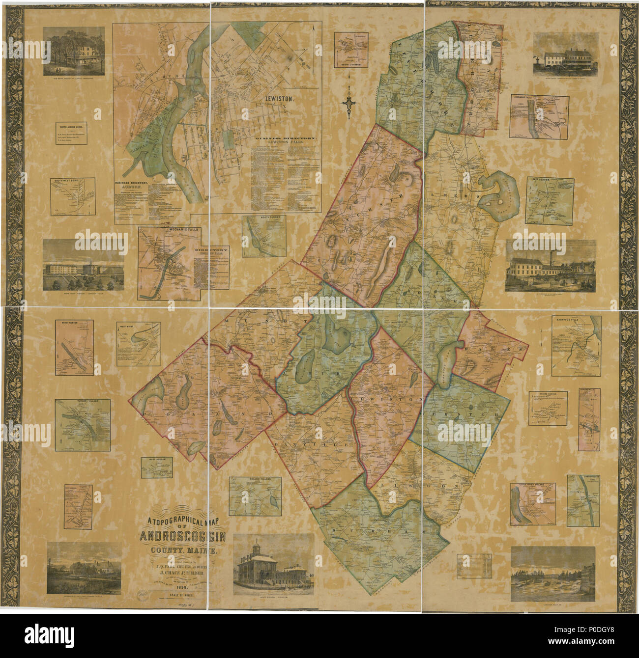 . Inglese: rilievo mostrato da hachures e altezze di spot. LC di proprietà fondiaria mappe, 265 disponibile anche attraverso la Libreria del Congresso sito Web come immagine raster. Include le illustrazioni. Inserie: imbonitori Mills, Lewiston -- Oriente Auburn -- Greene Corner -- Lewiston Falls -- Lisbona Village -- Piccolo villaggio sul fiume -- Livermore Falls -- Minot Corner -- Polonia Village -- Sabattus Ville -- South West Bend -- Turner Village -- West Auburn -- West Durham -- West Minot. . Una mappa topografica di Androscoggin County, Maine. 1858. Chace, J.; Rease, W. H. 221 una mappa topografica di Androscoggin County, Maine LOC Foto Stock