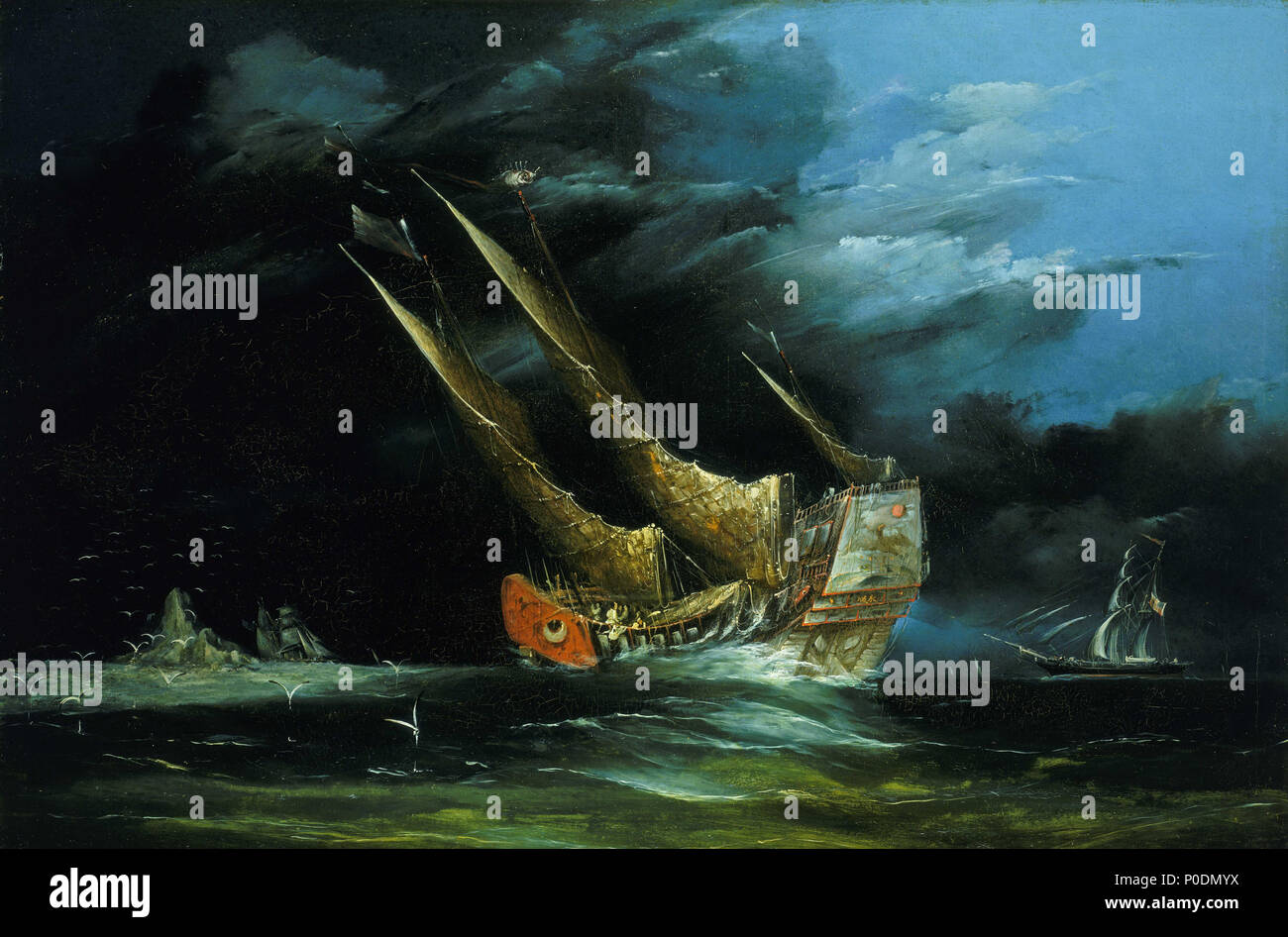 . Inglese: una indesiderata di trading in mare in stile Western dipinti ad olio prodotta in Cina nel XIX secolo erano nella maggior parte dei casi fatto da anonimo artigiani e non sono mai stati considerati ad alta arte cinese da letterati. A prescindere da alcune molto ben noti workshop mirati ai clienti occidentali nel cantone, Hong Kong e Shanghai, la maggior parte degli artigiani che non hanno lasciato le loro firme su questi dipinti di esportazione. Se mai firmato, avrebbero sign in inglese (es., "Sunqua", lo pseudonimo di uno dei più noti di esportazione Cinese Pittura artisti che lavorano nel XIX secolo Cantone.) verniciato sulla poppa della posta indesiderata Foto Stock