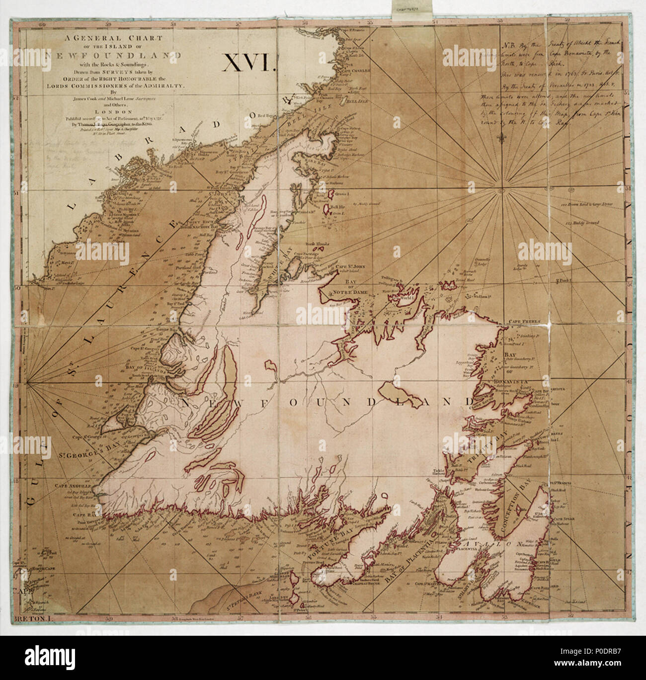 . Inglese: un grafico generale dell'isola di Terranova con le rocce & punti di scandaglio... da James Cook e Michael Lane geometri e othersSingle foglio. Engr. Medium: segmentata e sostenuta. Scala: ca. 1:1 300 000. Ulteriori luoghi: Canada. Gren75B/9 un diagramma generale dell'isola di Terranova con le rocce & punti di scandaglio... da James Cook e Michael Lane geometri e altri . 1775. James Cook; Michael Lane; Thomas Jefferys 105 un diagramma generale dell'isola di Terranova con le rocce e punti di scandaglio - da James Cook e Michael Lane geometri e altri RMG K1074 Foto Stock