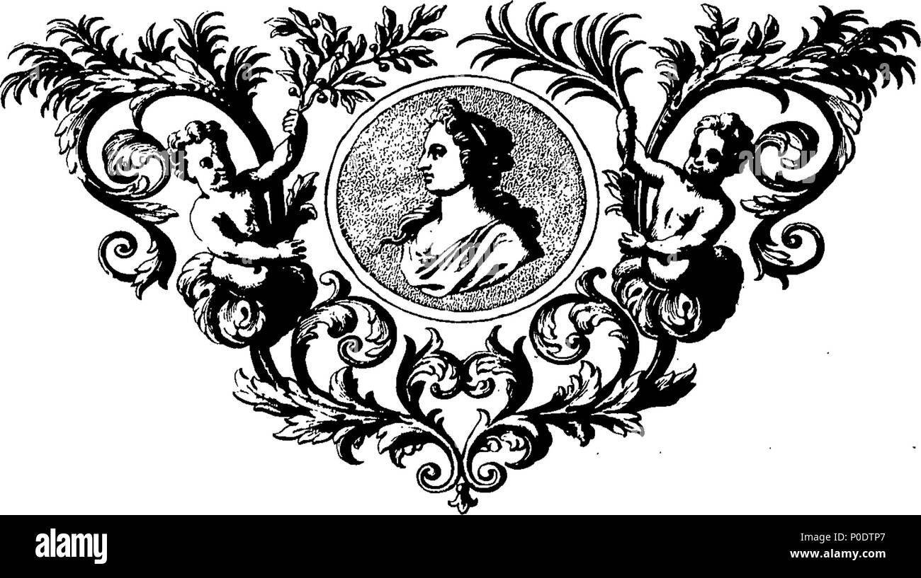. Inglese: Fleuron dal libro: un trattato di cinque ordini di colonne in architettura, Toscane, dorico, ionico e corinzio e composito. In cui le proporzioni dei caratteri e dei membri delle loro diverse colonnine, colonne e Entablatures, sono distintamente considerare'd rispetto alla pratica della Antients e rinoceronti. Anche una più naturale, Easie e metodo praticabile stabilite per la determinazione della parte mostminute in tutti gli ordini, senza una frazione. Al quale è allegato'd, un discorso concernente lesene: e di numerosi abusi introduc'd in architettura. Engraven su sei piastre folio o Foto Stock