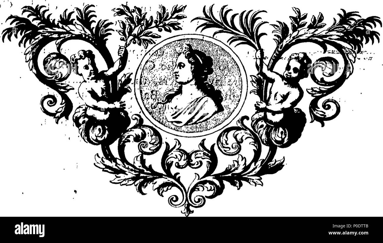 . Inglese: Fleuron dal libro: un trattato di cinque ordini di colonne in architettura, Toscane, dorico, ionico e corinzio e composito. In cui le proporzioni dei caratteri e dei membri delle loro diverse colonnine, colonne e Entablatures, sono distintamente considerare'd rispetto alla pratica della Antients e rinoceronti. Anche una più naturale, Easie e metodo praticabile stabilite per la determinazione della parte mostminute in tutti gli ordini, senza una frazione. Al quale è allegato'd, un discorso concernente lesene: e di numerosi abusi introduc'd in architettura. Engraven su sei piastre folio o Foto Stock