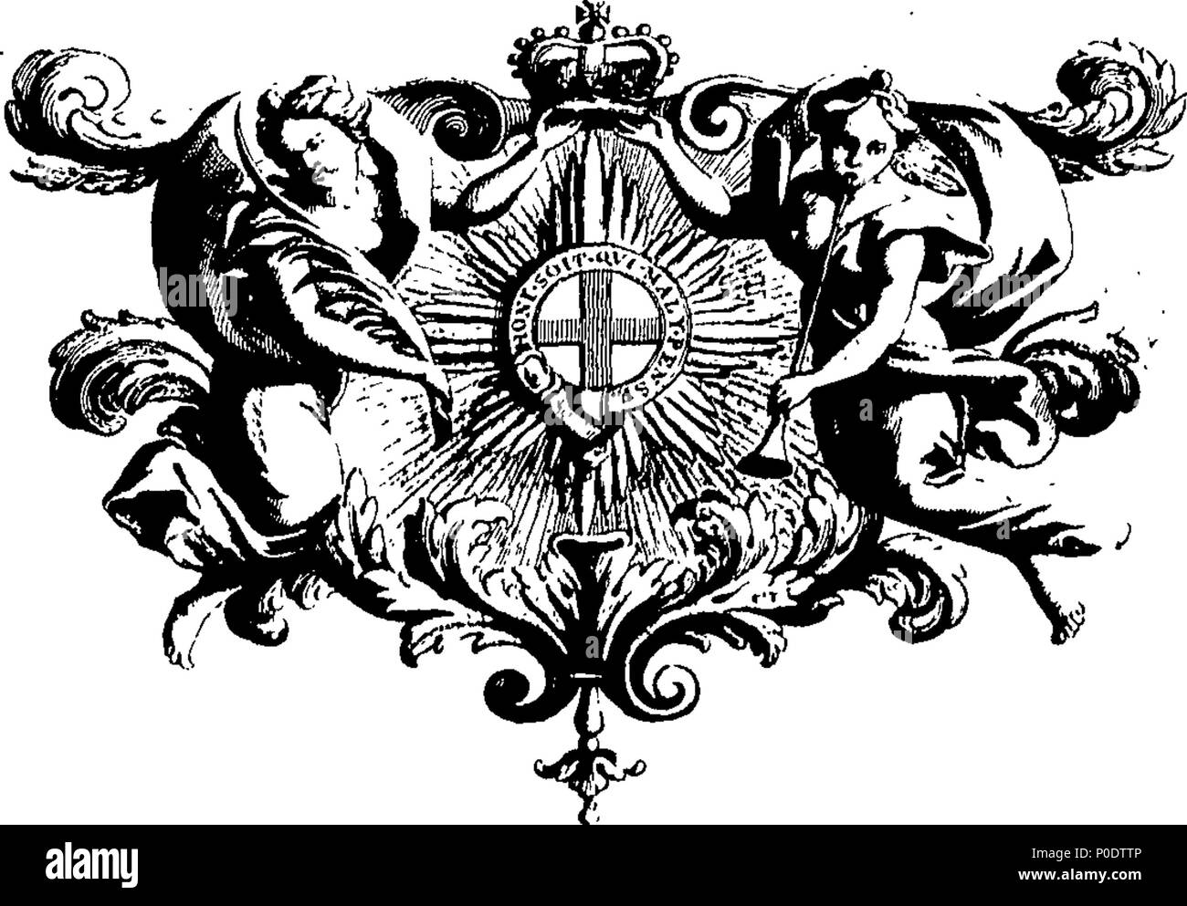 . Inglese: Fleuron dal libro: un trattato di cinque ordini di colonne in architettura, Toscane, dorico, ionico e corinzio e composito. In cui le proporzioni dei caratteri e dei membri delle loro diverse colonnine, colonne e Entablatures, sono distintamente considerare'd rispetto alla pratica della Antients e rinoceronti. Anche una più naturale, Easie e metodo praticabile stabilite per la determinazione della parte mostminute in tutti gli ordini, senza una frazione. Al quale è allegato'd, un discorso concernente lesene: e di numerosi abusi introduc'd in architettura. Engraven su sei piastre folio o Foto Stock