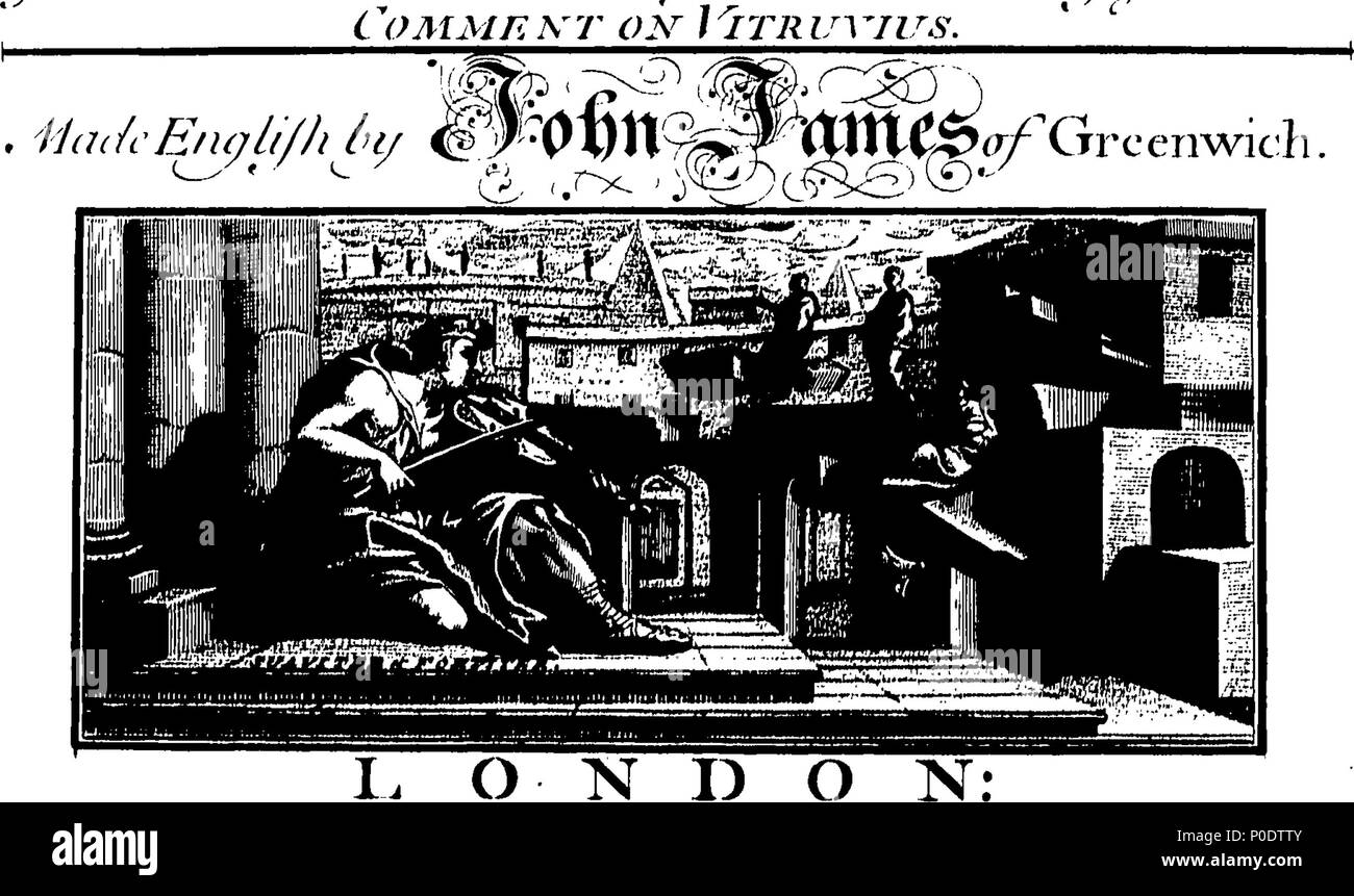 . Inglese: Fleuron dal libro: un trattato di cinque ordini di colonne in architettura, Toscane, dorico, ionico e corinzio e composito. In cui le proporzioni dei caratteri e dei membri delle loro diverse colonnine, colonne e Entablatures, sono distintamente considerare'd rispetto alla pratica della Antients e rinoceronti. Anche una più naturale, Easie e metodo praticabile stabilite per la determinazione della parte mostminute in tutti gli ordini, senza una frazione. Al quale è allegato'd, un discorso concernente lesene: e di numerosi abusi introduc'd in architettura. Engraven su sei piastre folio o Foto Stock