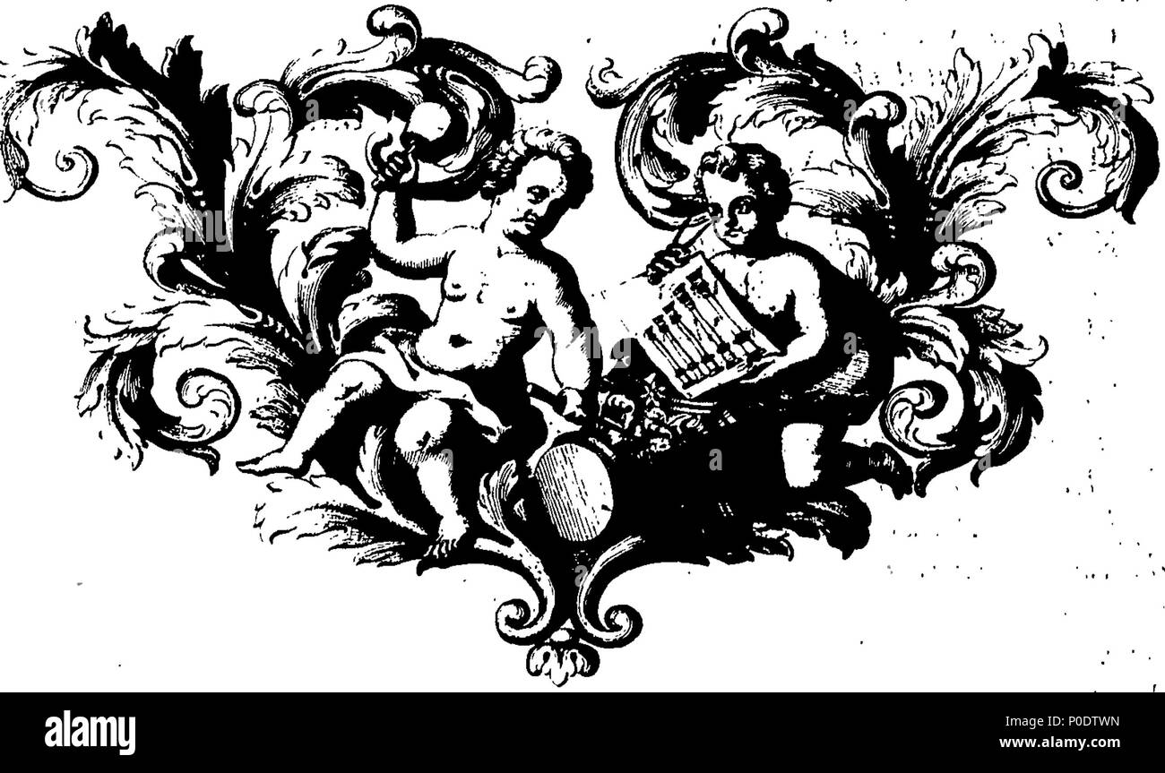 . Inglese: Fleuron dal libro: un trattato di cinque ordini di colonne in architettura, Toscane, dorico, ionico e corinzio e composito. In cui le proporzioni dei caratteri e dei membri delle loro diverse colonnine, colonne e Entablatures, sono distintamente considerare'd rispetto alla pratica della Antients e rinoceronti. Anche una più naturale, Easie e metodo praticabile stabilite per la determinazione della parte mostminute in tutti gli ordini, senza una frazione. Al quale è allegato'd, un discorso concernente lesene: e di numerosi abusi introduc'd in architettura. Engraven su sei piastre folio o Foto Stock
