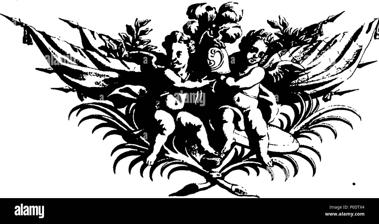 . Inglese: Fleuron dal libro: un trattato di cinque ordini di colonne in architettura, Toscane, dorico, ionico e corinzio e composito. In cui le proporzioni dei caratteri e dei membri delle loro diverse colonnine, colonne e Entablatures, sono distintamente considerare'd rispetto alla pratica della Antients e rinoceronti. Anche una più naturale, Easie e metodo praticabile stabilite per la determinazione della parte mostminute in tutti gli ordini, senza una frazione. Al quale è allegato'd, un discorso concernente lesene: e di numerosi abusi introduc'd in architettura. Engraven su sei piastre folio o Foto Stock