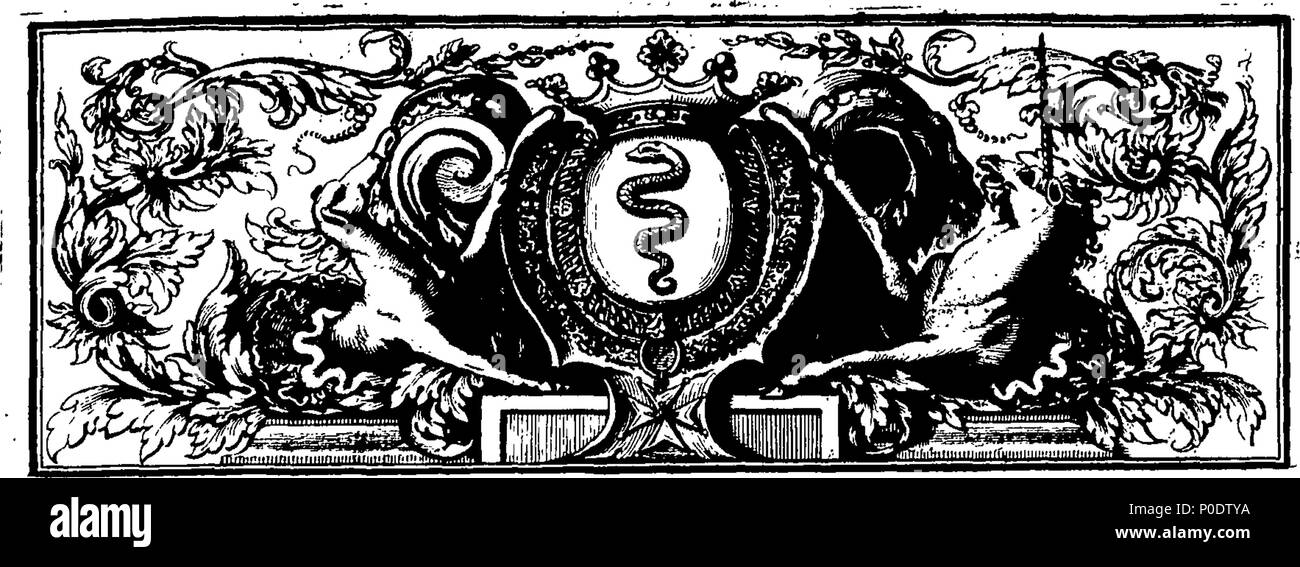 . Inglese: Fleuron dal libro: un trattato di cinque ordini di colonne in architettura, Toscane, dorico, ionico e corinzio e composito. In cui le proporzioni dei caratteri e dei membri delle loro diverse colonnine, colonne e Entablatures, sono distintamente considerare'd rispetto alla pratica della Antients e rinoceronti. Anche una più naturale, Easie e metodo praticabile stabilite per la determinazione della parte mostminute in tutti gli ordini, senza una frazione. Al quale è allegato'd, un discorso concernente lesene: e di numerosi abusi introduc'd in architettura. Engraven su sei piastre folio o Foto Stock