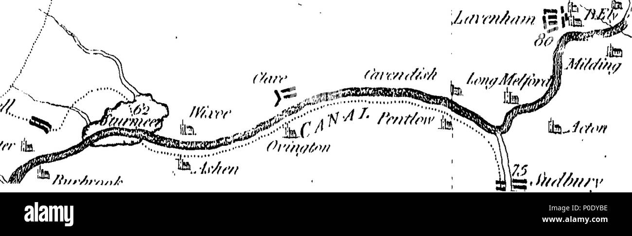 . Inglese: Fleuron dal libro: un trattato di navigazione interna: illustrato con un intero piano del foglio, delineando il corso di un canale navigabile da Londra a Norwich e Lynn, attraverso le contee di Essex e Suffolk e Norfolk, indicando ogni città e villaggio attraverso il quale si è proposto di passare. Con due altri piani per dimostrare la fattibilità di eseguire il complesso con successo: e un piano per estendere la navigazione da Bishop-Stortford a Cambridge, senza passare attraverso i motivi dei parchi di Shotgrove o Audley End; da cui l'opposizione che è sempre stata fatta da th Foto Stock