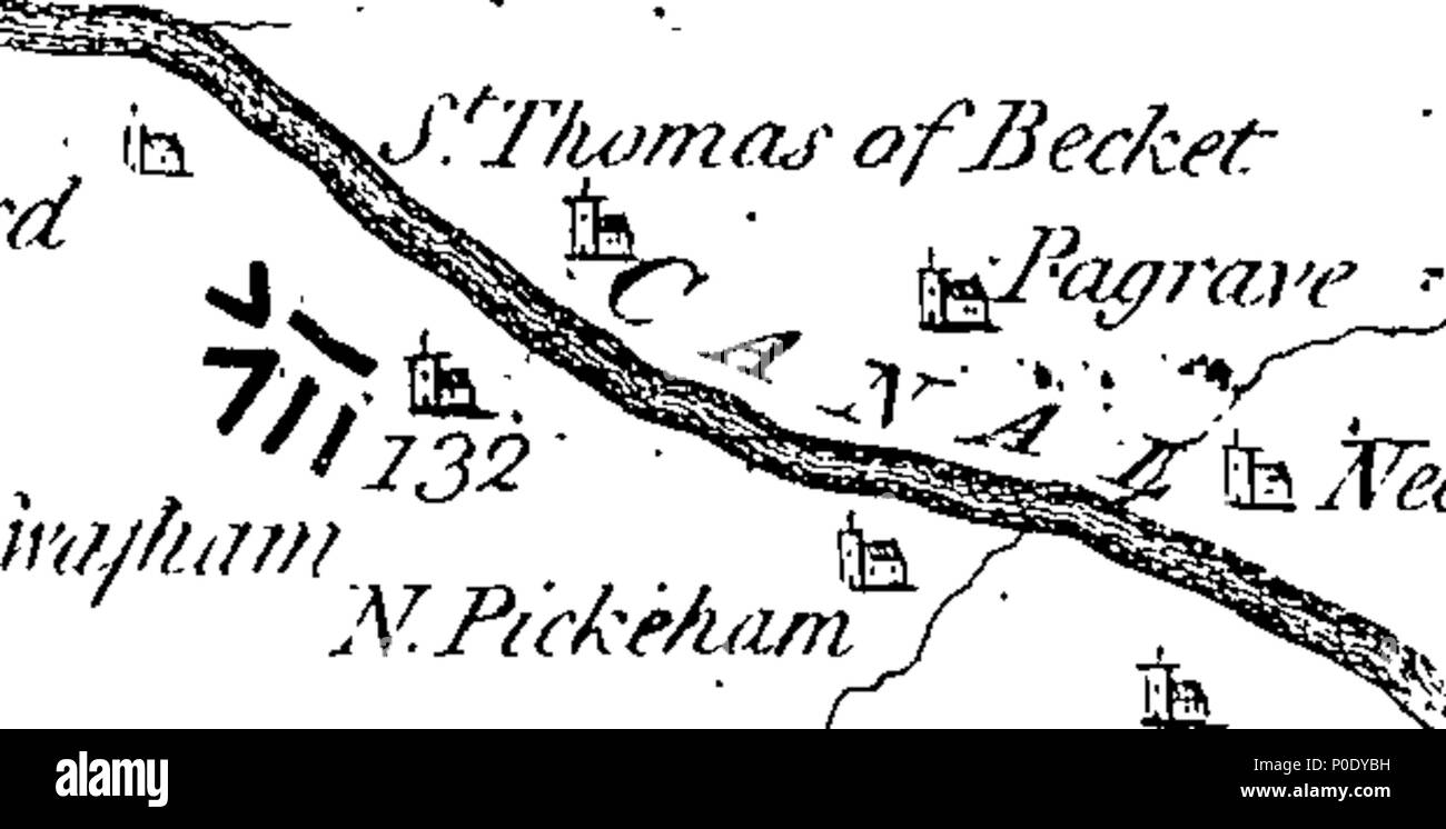 . Inglese: Fleuron dal libro: un trattato di navigazione interna: illustrato con un intero piano del foglio, delineando il corso di un canale navigabile da Londra a Norwich e Lynn, attraverso le contee di Essex e Suffolk e Norfolk, indicando ogni città e villaggio attraverso il quale si è proposto di passare. Con due altri piani per dimostrare la fattibilità di eseguire il complesso con successo: e un piano per estendere la navigazione da Bishop-Stortford a Cambridge, senza passare attraverso i motivi dei parchi di Shotgrove o Audley End; da cui l'opposizione che è sempre stata fatta da th Foto Stock