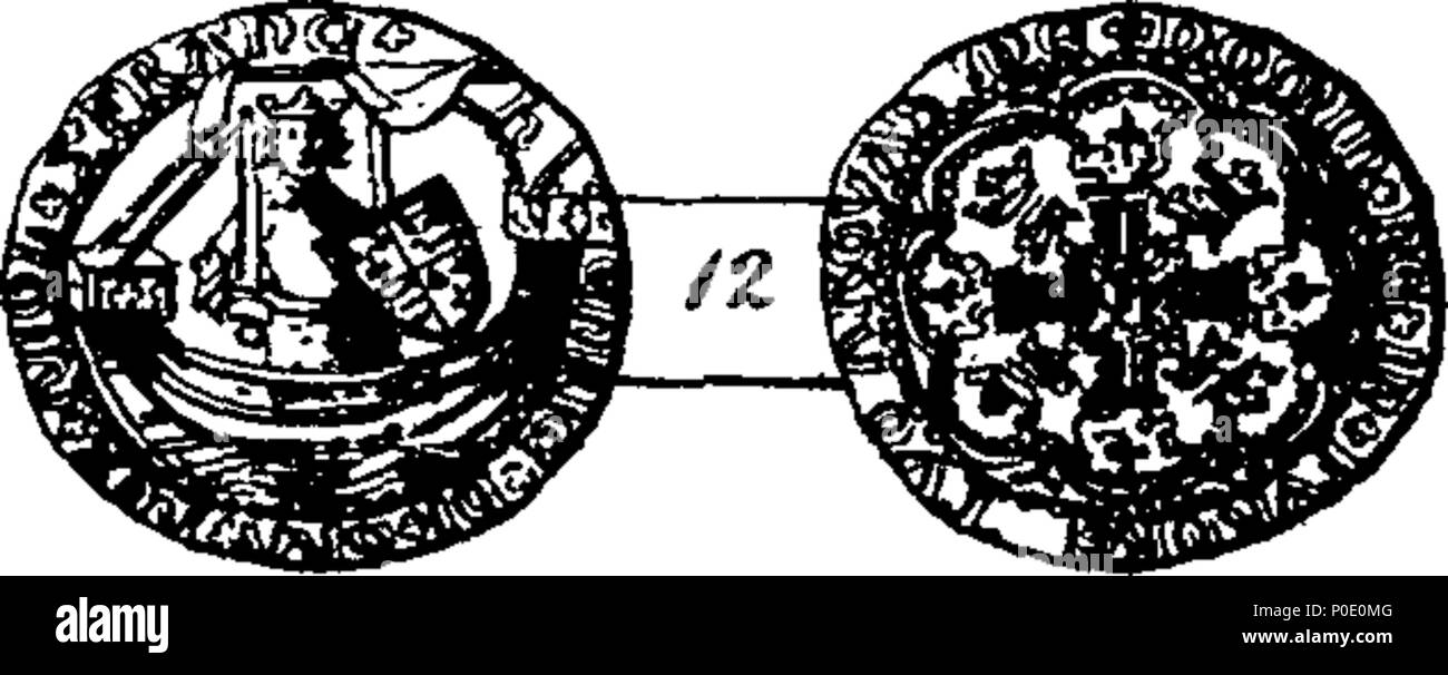 . Inglese: Fleuron dal libro: una vista della moneta in oro e conio di Inghilterra, da Enrico il terzo al tempo presente. Considerare'd con riguardo al tipo, leggenda, ordina, rarità, peso, finezza, valore e quota. Con rame-piastre. 242 Una vista della moneta in oro e conio di Inghilterra, da Enrico il terzo al tempo presente Fleuron T058117-8 Foto Stock