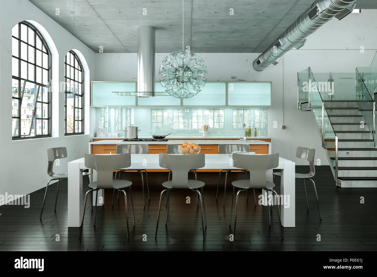 Luminosa e moderna sala da pranzo nel loft interior design Foto Stock