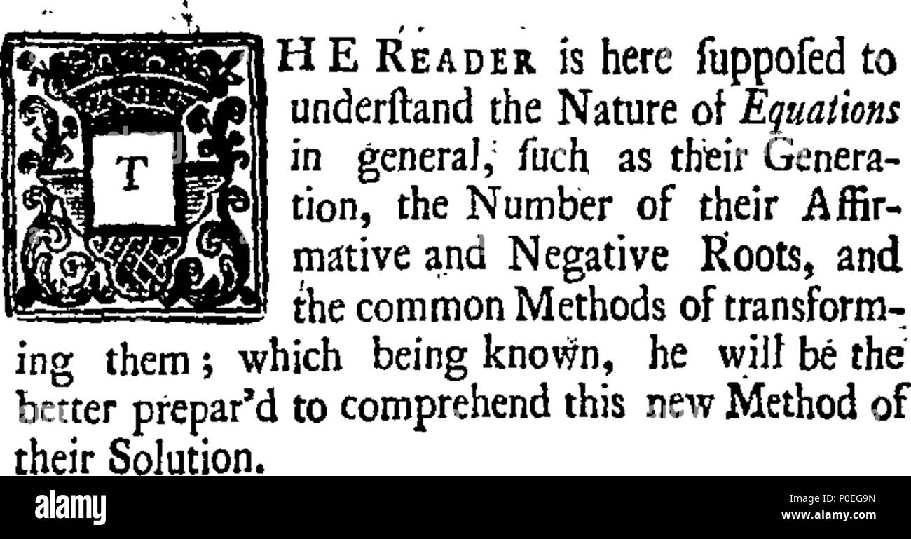 . Inglese: Fleuron dal libro: un trattato contenente un intero nuovo metodo di risolvere adfected quadratica, e le equazioni cubiche, con la loro applicazione per la soluzione di quelle biquadratica; in un più facile e più concisa modo rispetto a qualsiasi pubblicano ancora'd; insieme con le dimostrazioni dei metodi. E una serie di nuove tabelle per la ricerca delle radici di cubics. Ha inventato dal compianto geniale il sig. A. Thacker, defunto; ma calcolati interamente e in grande misura esemplificato da W. Brown, insegnante di Mathematicks, all'Free-School, in Cleobury, Shropshire. 225 Un trattato contenente un intero nuovo met Foto Stock