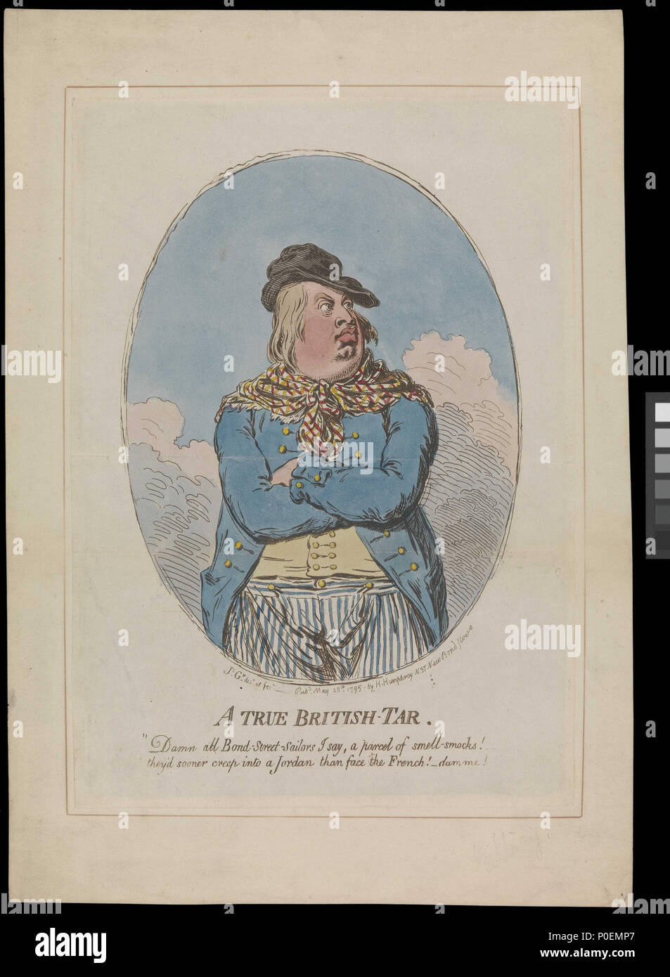 . Inglese: un vero British Tar (caricatura) Questa è una caricatura del principe William Henry, duca di Clarence, che era un professionista addetto navale sotto Nelson, suo amico, e dal 1830 il 'Sailor King' Guglielmo IV. Esso mostra di lui come un 'tar' in tipico abito da marinaio. Non vi era alcuna uniforme ufficiale per i marinai in questo momento, sebbene i vestiti o 'slops' acquistato dal commissario di bordo sono stati standardizzati, dando luogo a un non ufficiale codice di abbigliamento. Questo consisteva in una giacca blu e pantalone a righe spesso indossati con un neckerchief come quello mostrato nelle vicinanze. Il testo recita 'Accidenti tutti i bond- Street-Sailors dico, un parc Foto Stock