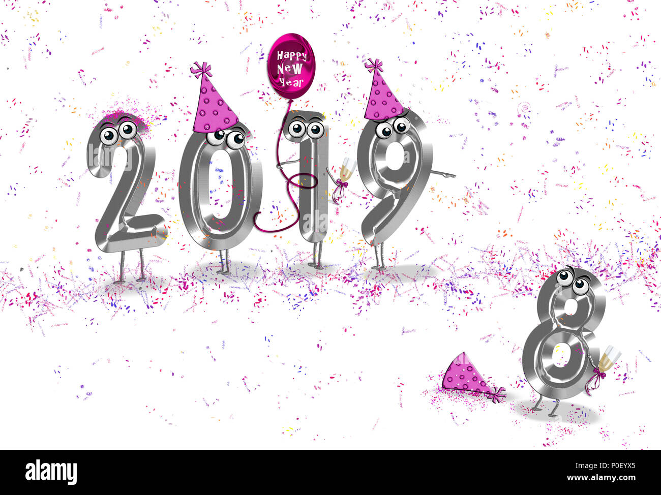 Argento metallico il testo con i numeri di parte di cappelli e palloncino in coriandoli per 2019 Anno Nuovo Foto Stock