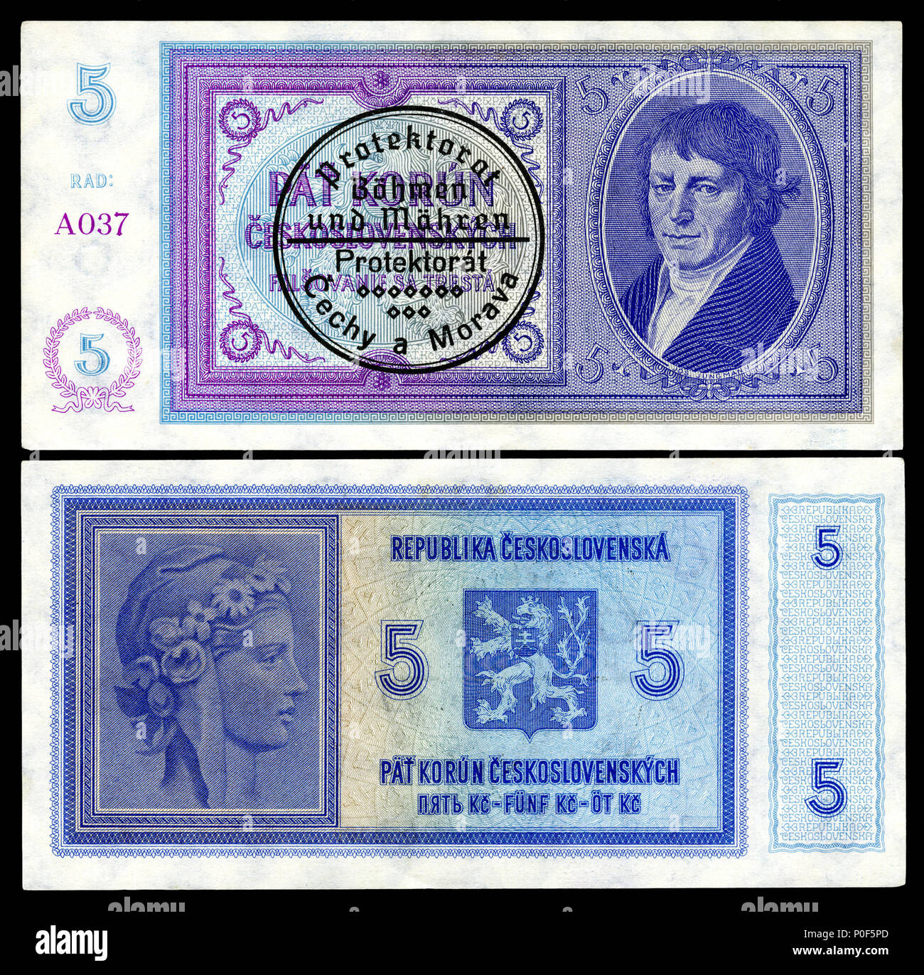 . Inglese: Protettorato di Boemia e Moravia, 5 korun , ND (1939). La base nota, una repubblica di Cecoslovacchia 5 korun nota (datata 1938), è stato stampato ma mai rilasciato. La serie è stata destinata per l'esercito ceco. Durante l occupazione tedesca della Cecoslovacchia, della non sottoscritto 1938 note sono stati diffusi nel 1939, con un timbro ovale sulla faccia che identifica la valuta come rilasciato dal Protettorato di Boemia e Moravia. . Il 25 gennaio 2015, 18:33:37. Repubblica di Cecoslovacchia, TB Praga (stampante) il Museo Nazionale di Storia Americana nome nativo Museo Nazionale di Storia Americana genitore Foto Stock