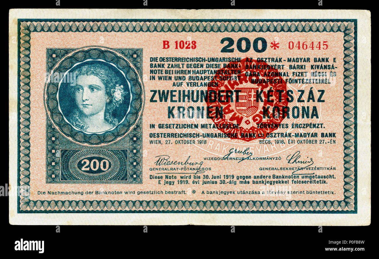 . Inglese: Regno di Ungheria, 200 korona, 1920 problema provvisorio con overstamp (utilizzando un 1918 austro-ungarico nota). Il 1920 problema provvisorio di ungherese delle banconote utilizzate un precedente banca austro-ungarico problema. Il rosso overstamp circolare sul lato anteriore è servita come convalida del corso legale nel Regno di Ungheria. . 1920 (ungherese problema), 2015 (nell'immagine). Banca austro-ungarico e il Regno di Ungheria. Museo Nazionale di Storia Americana nome nativo Museo Nazionale di Storia Americana istituzione madre Smithsonian affiliazioni location Washington, Stati Uniti o Foto Stock