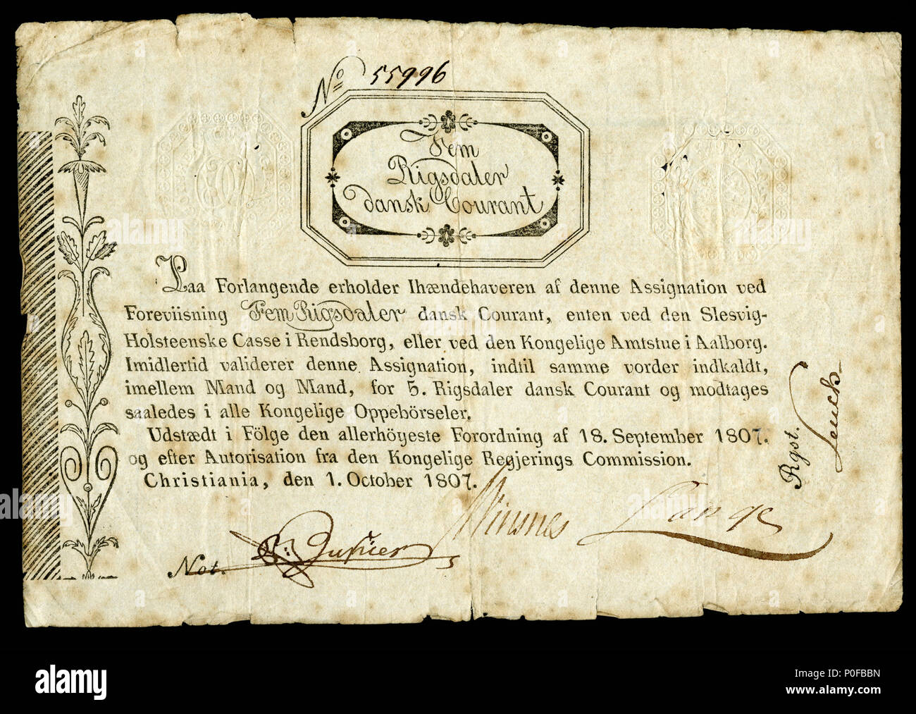 Inglese: Regno di Norvegia, Regerings Kommission, 5 Rigsdaler Courant  (1807). Norvegia circola una questione di carta moneta nel 1695 e a seguito  di una pausa di poco più di un secolo,