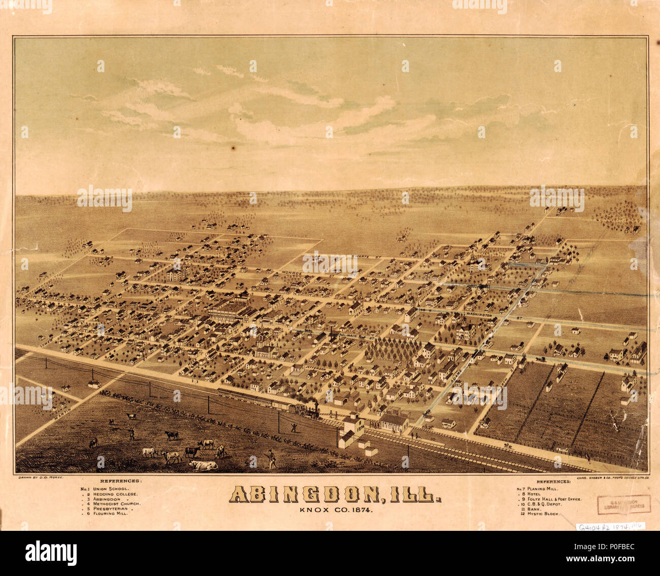 . Inglese: Bird's-eye. Indice per strutture. Concessionario: Murray Hudson disponibile anche attraverso la Libreria del Congresso sito Web come immagine raster. . Abingdon, Ill., Knox Co., 1874.. 1874. Morse, D. D. 256 Abingdon, Ill., Knox Co., 1874. LOC 2006629456 Foto Stock