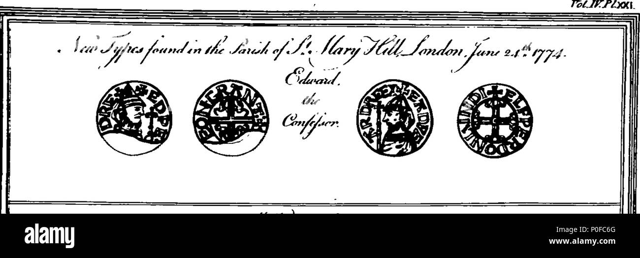 . Inglese: Fleuron dal libro: Conto delle monete, &c. trovato scavando le fondamenta di alcune vecchie case nei pressi della chiesa di Santa Maria Hill, Londra, 1774. Dal Rev. Il dottor Griffith, rettore della chiesa. Lettura presso la società di antiquari, 6 marzo 1776. 258 Conto delle monete, etc Fleuron N015139-6 Foto Stock