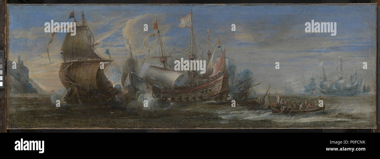 . Inglese: Azione tra spagnolo e olandese navi un insolitamente lungo la pittura di formato che mostra una lotta tra navi olandesi e altri che, sebbene i flag non sono chiari, sembrano essere gli spagnoli (ossia Cattolica) da figure di santi sui loro tafferels (stern schede). Esso può essere stato per un eccesso di porta o posizione simile. Mentre la sua attribuzione ricevuto è quello di Andries Van Eertvelt, 1590-1652, e le navi sono certamente della prima metà del XVII secolo lo stile non è convincente della sua, essendo piuttosto meno educato ma anche di ottima qualità. Il capriccio litorale con una torre a sinistra, t Foto Stock