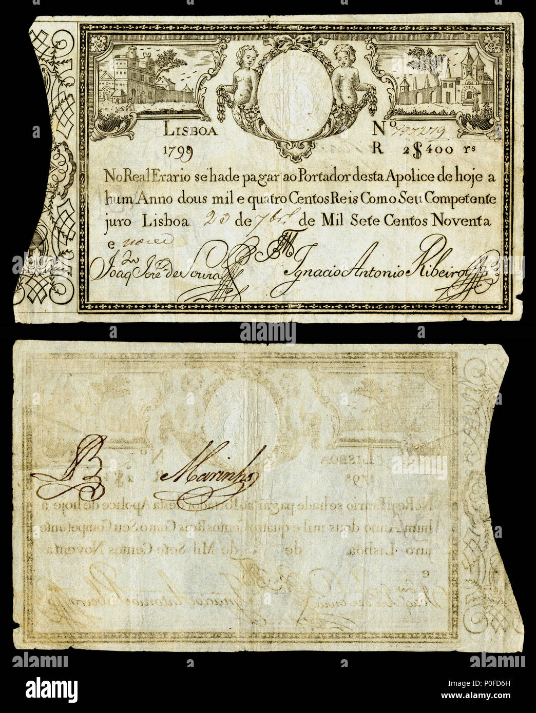 . Inglese: Regno del Portogallo, tesoro imperiale, 2400 Reis (1798-99) Il Tesoro Reale è tenuto a pagare il portatore di questa politica entro il termine di un anno di oggi due mila quattro cento Reis. Come suo rappresentante giuro di Lisbona di 20 (???? Aprile?) diciassette Ninety-Nine . 1798 (nota), 2015 (nell'immagine). Regno del Portogallo Museo Nazionale di Storia Americana nome nativo Museo Nazionale di Storia Americana istituzione madre Smithsonian affiliazioni location Washington, Stati Uniti d'America coordinate 38° 53' 28.68" N, 77° 01' 48" W Stabilito 1964 Pagina Web americanhistory.si.edu un Foto Stock