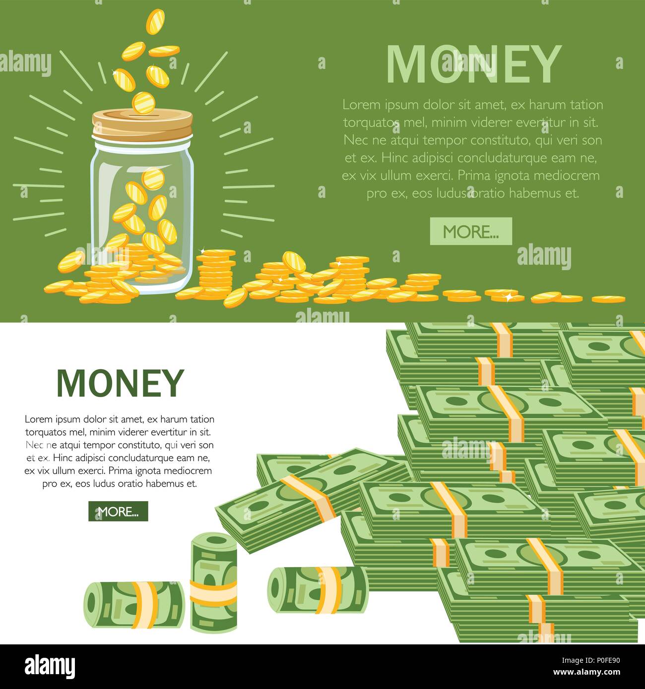 Piatto bollette di denaro. Le monete d'oro in barattolo. Verde dollaro banconote. Illustrazione Vettoriale con il tasto verde . Accumulo del concetto di denaro. Pagina del sito Web e Illustrazione Vettoriale