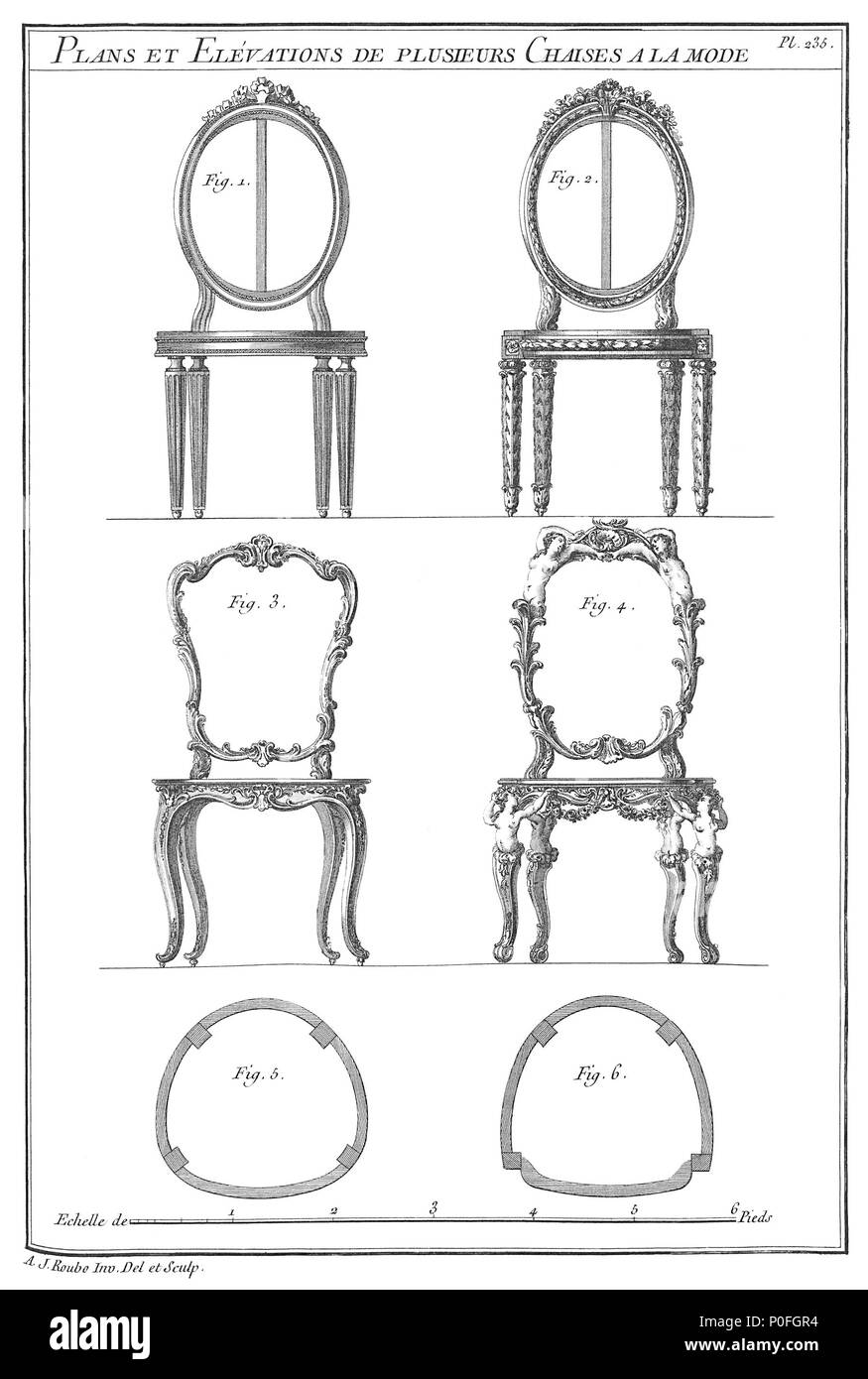 . Français : piani Elévations et de plusieurs Chaises a la modalità. 255 A-J Roubo - L'Art du Menuisier - Planche 235 Foto Stock