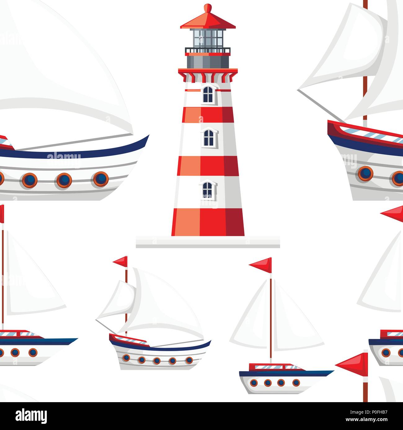 Modello senza giunture. Piccolo veliero e faro rosso. Classic design della nave. Concetto di crociera. Estate concetto di viaggio. Yachting sport. Vettore di piana illus Illustrazione Vettoriale