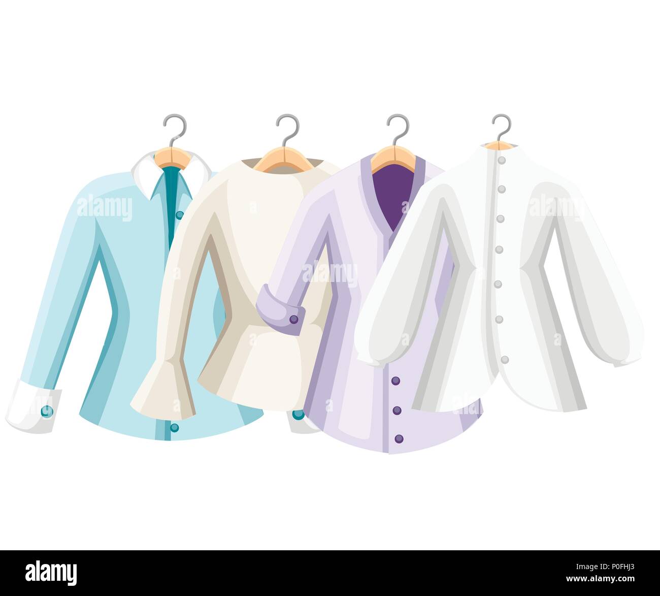 Set di camicette colorate. Raccolta di donna blusa. Vestiti su appendiabiti. Illustrazione di vettore isolato su sfondo bianco. Illustrazione Vettoriale
