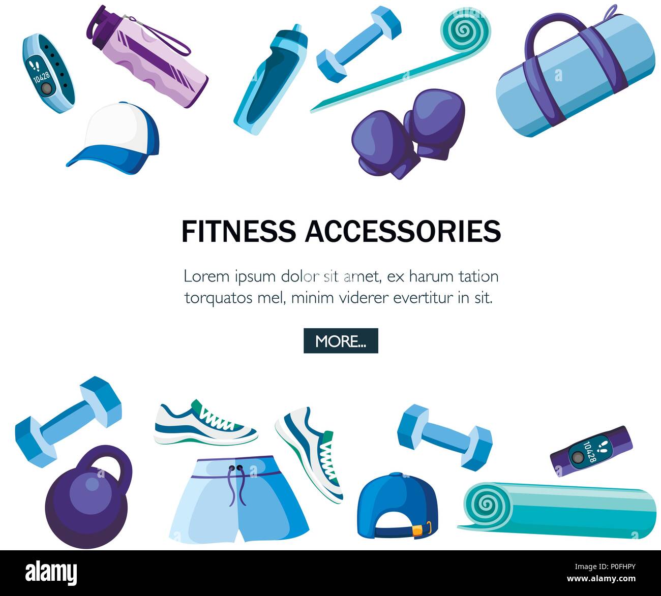 Set di accessori sportivi e vestiti. Blu e viola la raccolta di colori. Icone per le classi in palestra. Illustrazione Vettoriale su sfondo bianco. Luogo Illustrazione Vettoriale