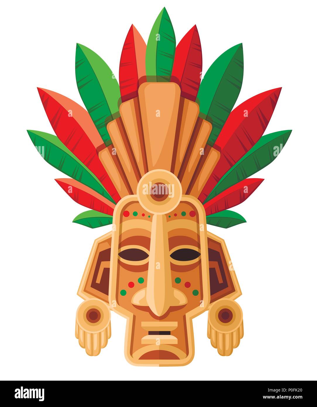 Tribali etnici maschera. Maschera con il verde e il rosso foglia. Rituale copricapo, colorato. Illustrazione di vettore isolato su sfondo bianco. Illustrazione Vettoriale