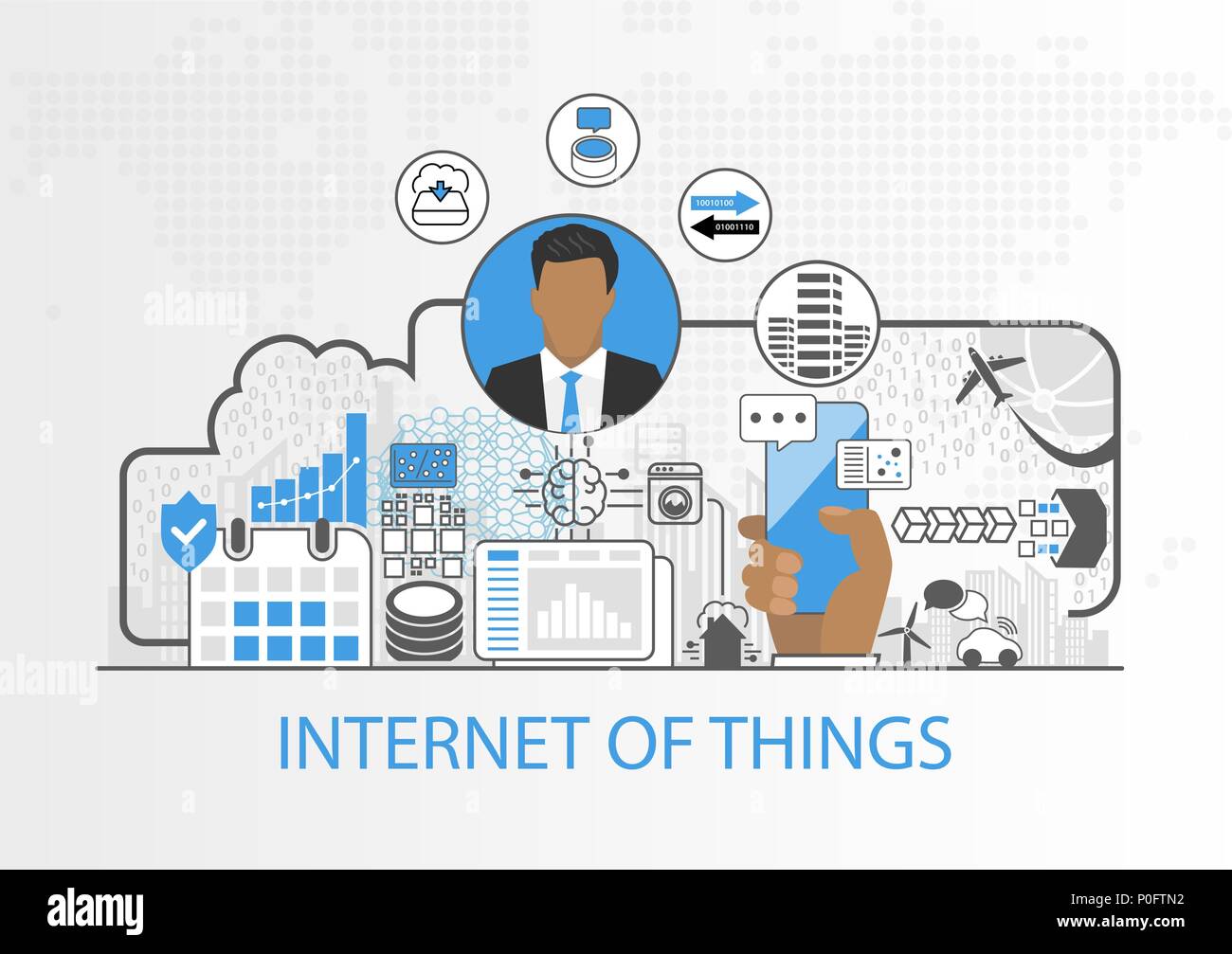 Internet delle cose sfondo vettoriale con uomo di affari e le icone dei dispositivi collegati Illustrazione Vettoriale