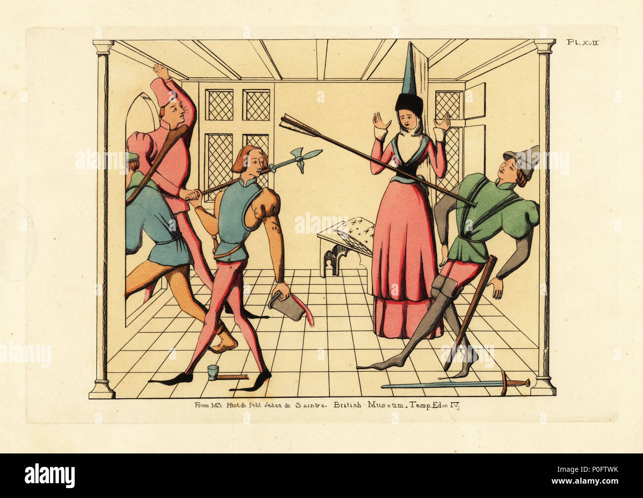 Costume del tardo XV secolo da una scena di omicidio: uomini in skrimp  doppietti, spalle imbottito, manicotti a tenuta, cappelli con una singola  piuma e alti stivali, donna in alto cappello conico