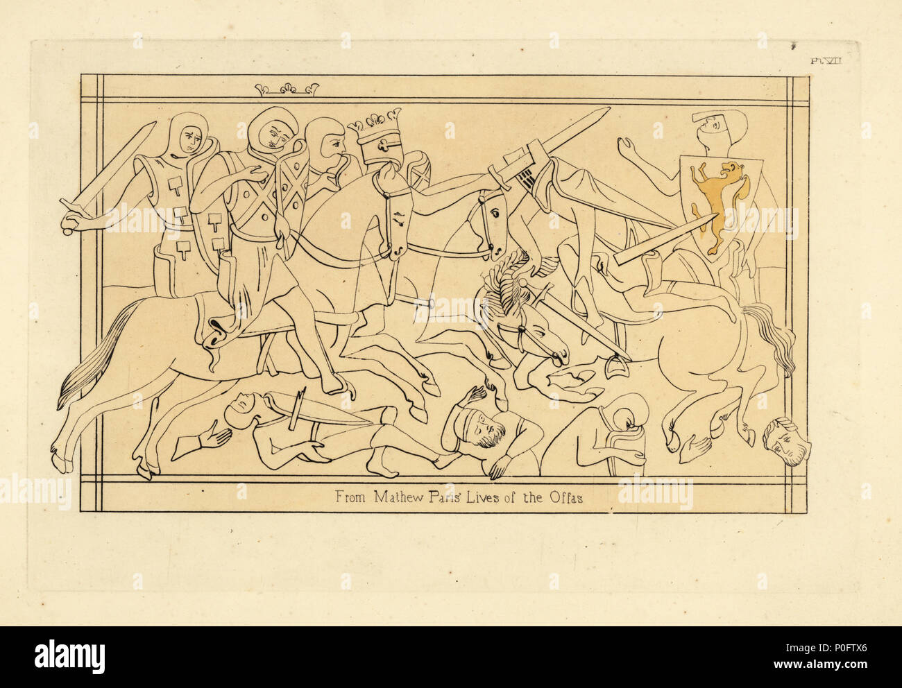 Scena di battaglia mostra cavalieri in caschi cilindrico e chainmail cappe, armorial surcoats e scudi con stemmi. Dal manoscritto illuminato la vita dei due Offas da Mathew di Parigi, del XII secolo. Azzurrato incisione su rame da Thomas Anthony giorno e J.H. Dines' illustrazioni di costume medievale in Inghilterra raccolti dai manoscritti al British Museum, Bibliotheque Nationale de Paris, Bosworth, Londra, 1853. Foto Stock