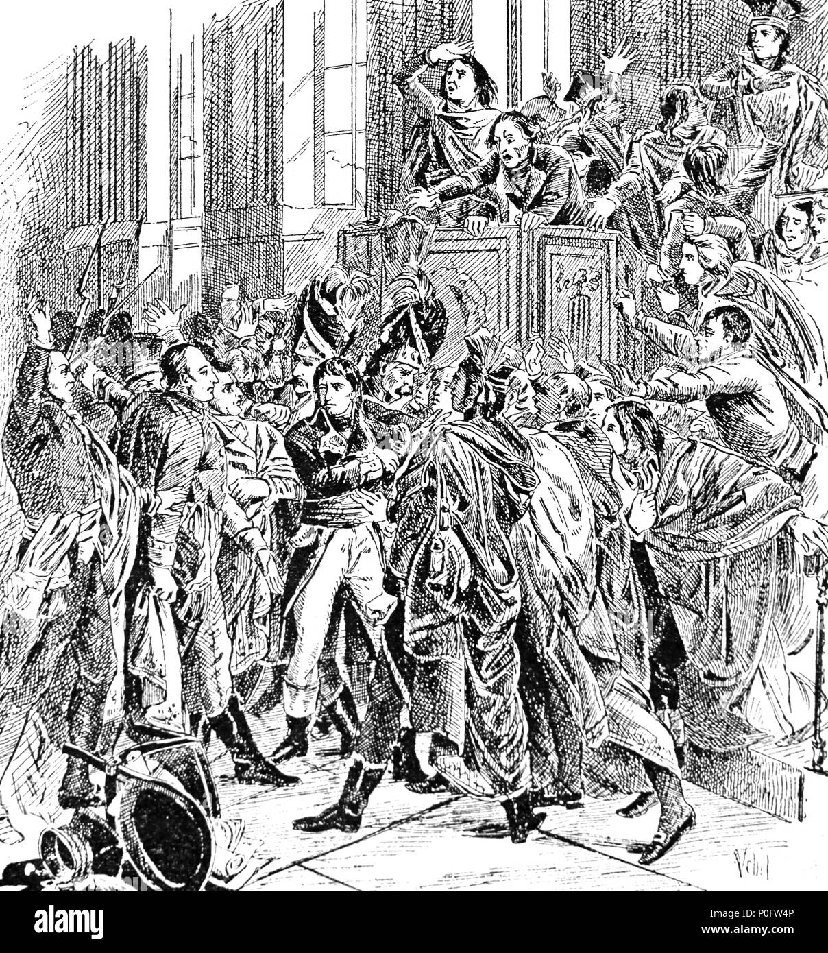 Bonaparte generale circondato dai membri del Consiglio del Cinquecento, durante il colpo di stato del 18 brumaio. Incisione, XIX sec.. Foto Stock