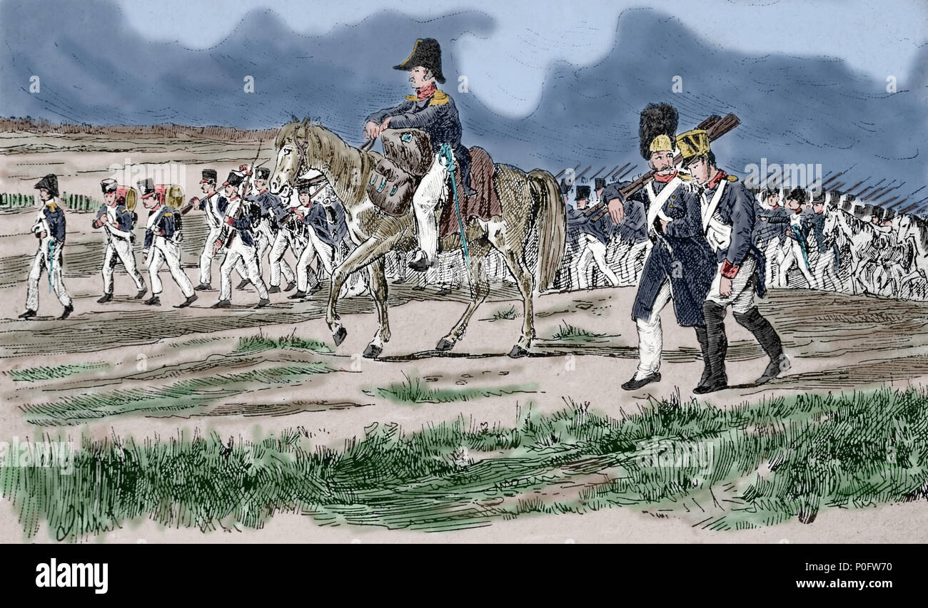Le truppe francesi nel mese di marzo. Campagna di Russia. 1812. Guerre napoleoniche. Incisione del XIX secolo. Foto Stock