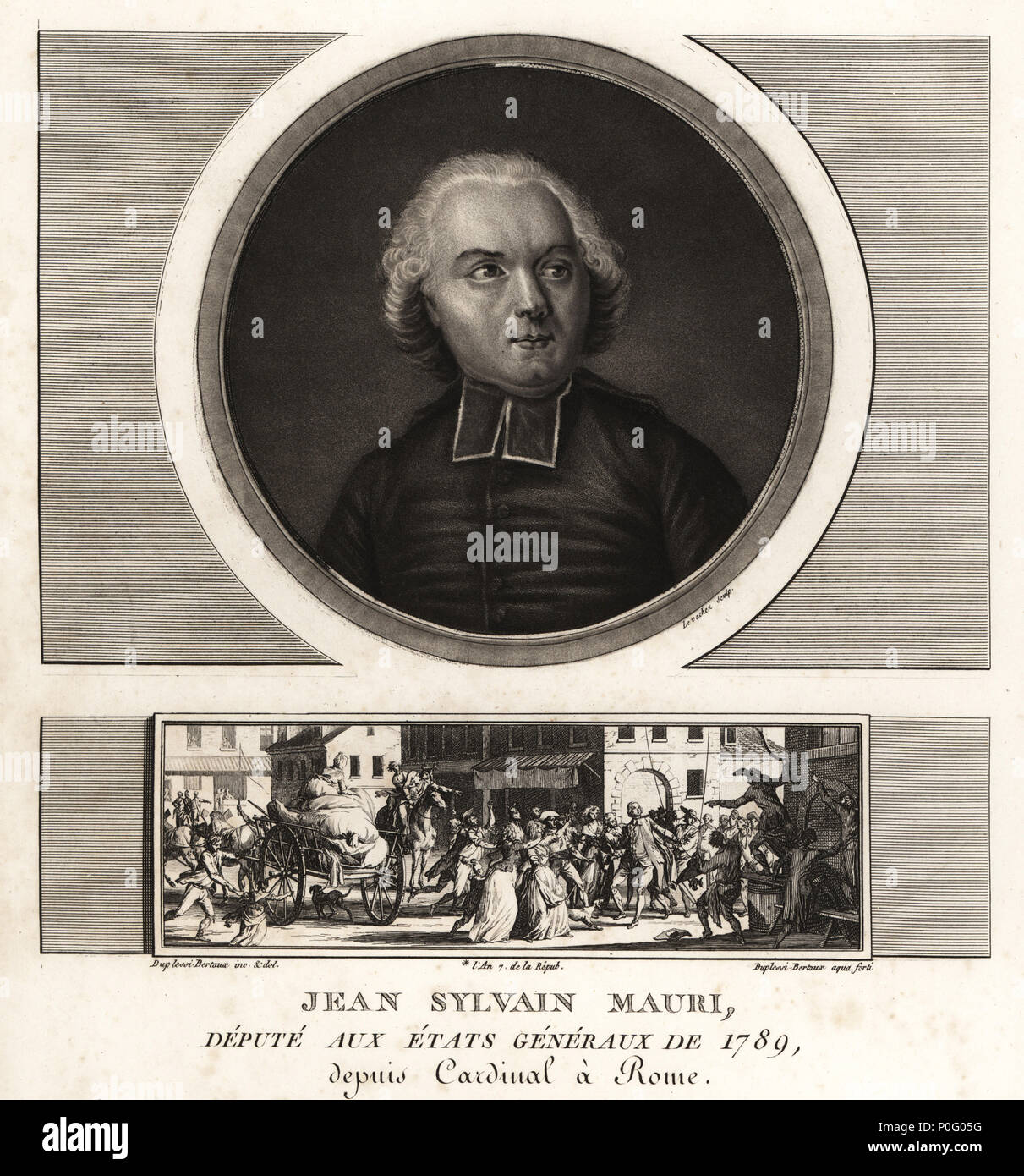 Jean-Sylvain Mauri o Jean-Sifrein Maury (1746-1817), francese cardinale arcivescovo e vescovo di Montefiascone. Mostra di vignette lui quasi impiccato da una lampada-ferro da parte di una folla e risposta Eh, Monsieur, quand vous m'aurez mis una la lanterne, y verrez-vous plus clair! Mezzatinta disegnato e inciso da Jean Duplessis-Bertaux dalla sua collezione completa de 60 ritratti des Personnages qui ont le plus figura dans la Rivoluzione Francaise, Auber, coppie, 1800. Ritratto inciso da Charles Francois Gabriel Levachez. Foto Stock