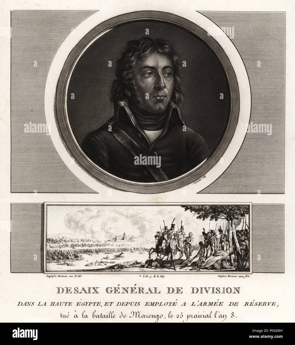 Louis Charles Antoine Desaix, General de la divisione. Vignette mostra la sua morte alla Battaglia di Marengo, 1800. Mezzatinta disegnato e inciso da Jean Duplessis-Bertaux dalla sua collezione completa de 60 ritratti des Personnages qui ont le plus figura dans la Rivoluzione Francaise, Auber, coppie, 1800. Ritratto inciso da Charles Francois Gabriel Levachez. Foto Stock