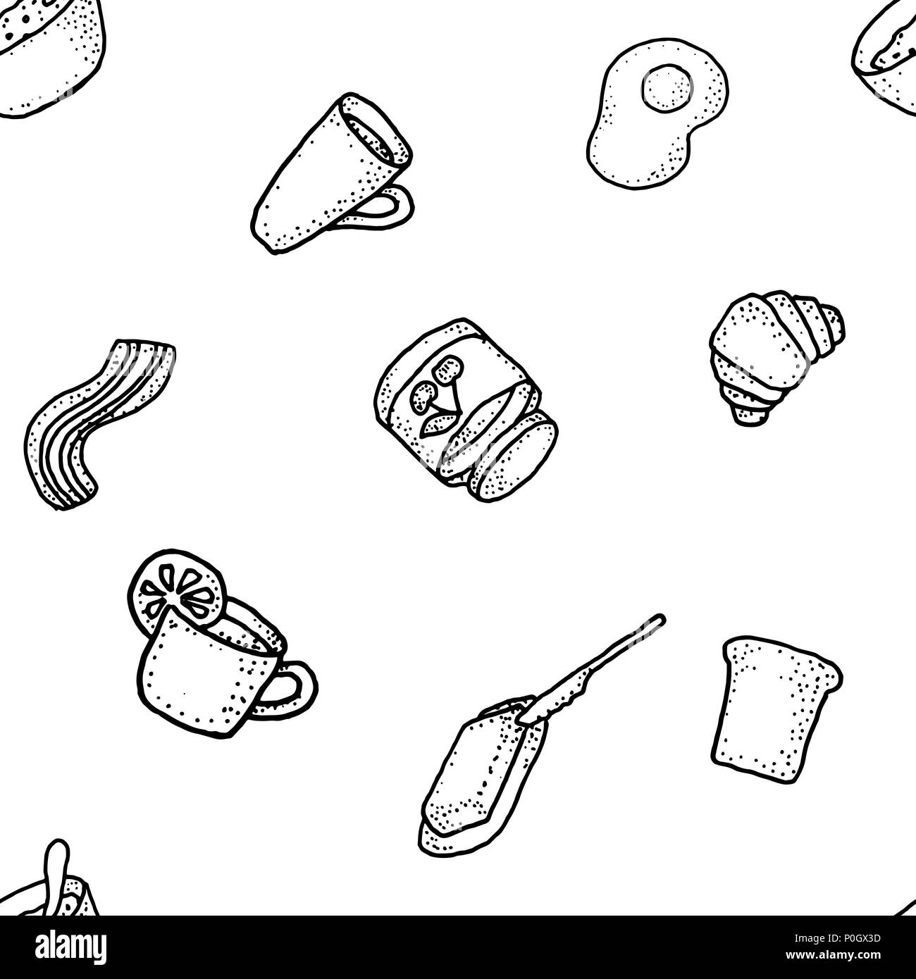 Vettore Seabless pattern con prima colazione. Tè, caffè, limone, burro, pane, croisson, becon, avena, uova Illustrazione Vettoriale