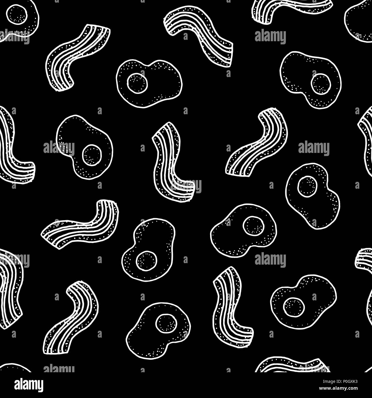 Vettore di Seamless pattern con prima colazione. Uova e pancetta affumicata su nero Illustrazione Vettoriale