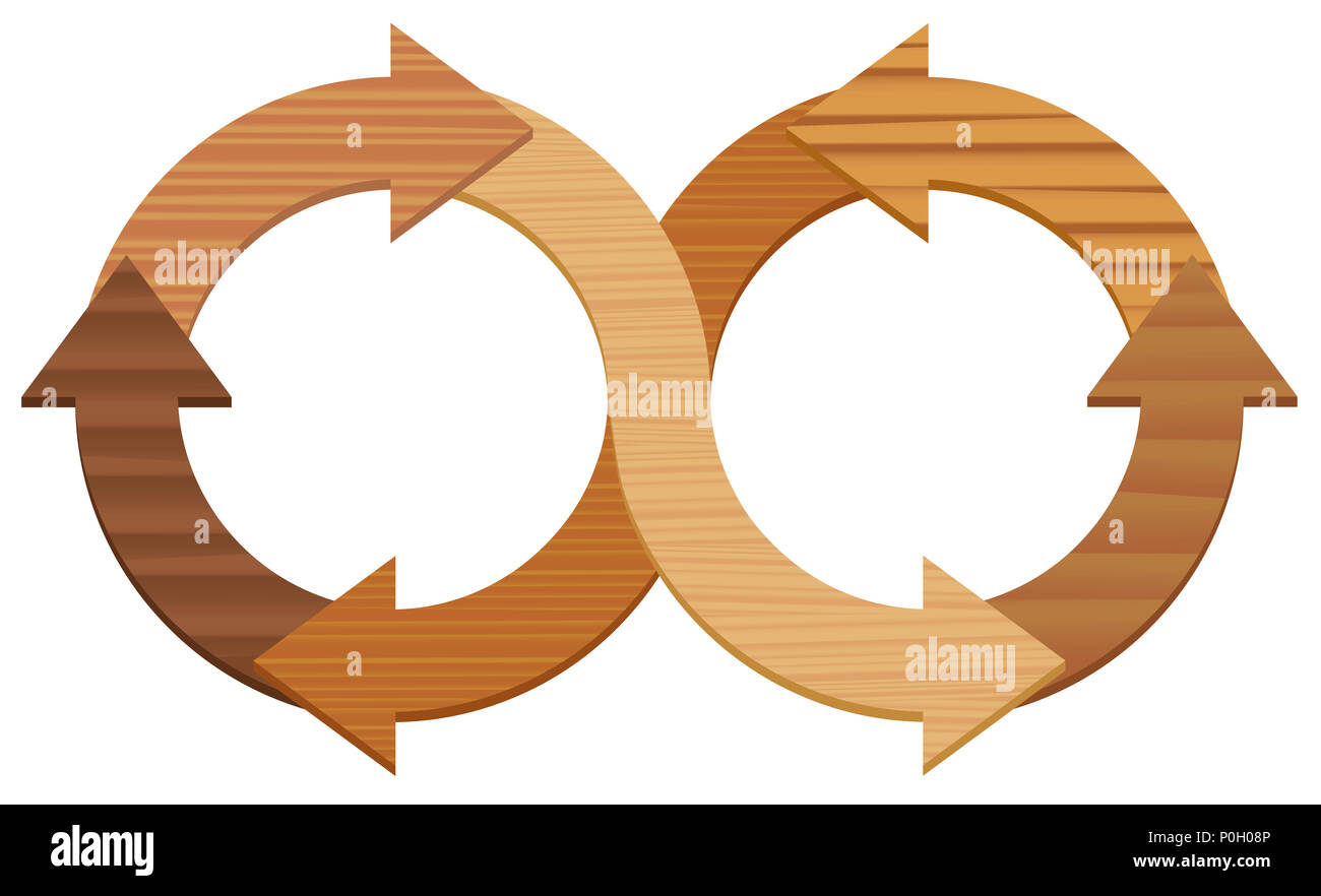 Legno simbolo di infinito, con frecce di diversi tipi di legno. Immagine su sfondo bianco. Foto Stock