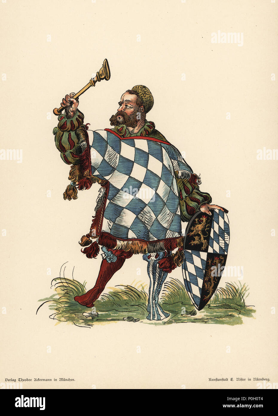 Araldo della vecchia Baviera, Herold der altbavarische. Egli indossa una tunica armorial con l'argento e blu le losanghe di Baviera, e trattiene un scudo con lion Palatina e bracci bavarese. Chromolithograph da Otto Watzelberger's Beitraege zum Formenschatz der Heraldik (contributi al vocabolario di araldica), Theodor Ackermann, Monaco, 1900. Otto Watzelberger era segretario del Koeniglich Bayerischen Haus-Ritter-Ordens vom heiligen Georg (Royal Casa Bavarese Ordine Equestre di San Giorgio). Foto Stock