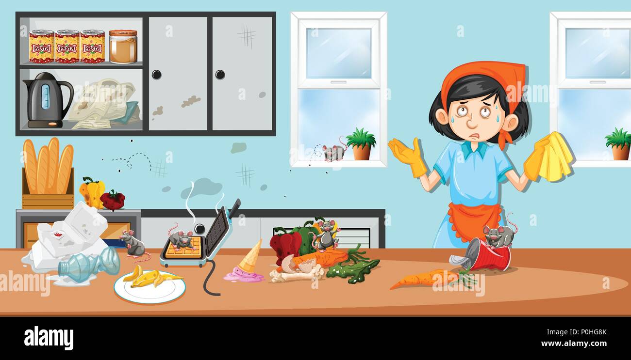 La governante in cucina sporca illustrazione Illustrazione Vettoriale