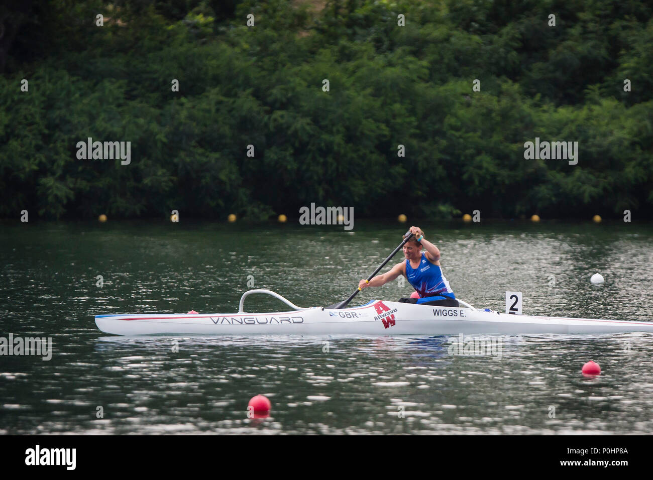 Il 9 giugno 2018, Ada Ciganlija CORSO REGATA, Belgrado, Serbia; ECA Canoa Sprint e Paracanoe Senior European Championships; Emma Wiggs di GBR compete nelle donne il VL2, finale, 200m gara sprint Foto Stock