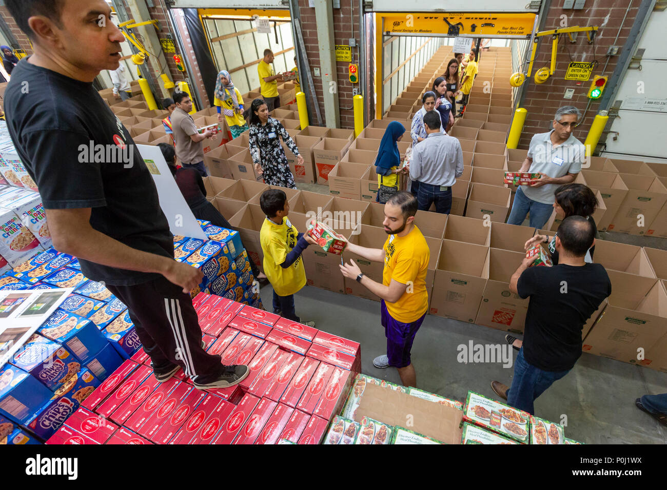 Novi nel Michigan STATI UNITI D'America - 9 giugno 2018 - musulmana volontari pacchetto scatole di cibo per i meno fortunati nell'area di Detroit durante il mese del Ramadan. I musulmani sono tenuti a contribuire al lavoro caritativo durante il mese. Credito: Jim West/Alamy Live News Foto Stock